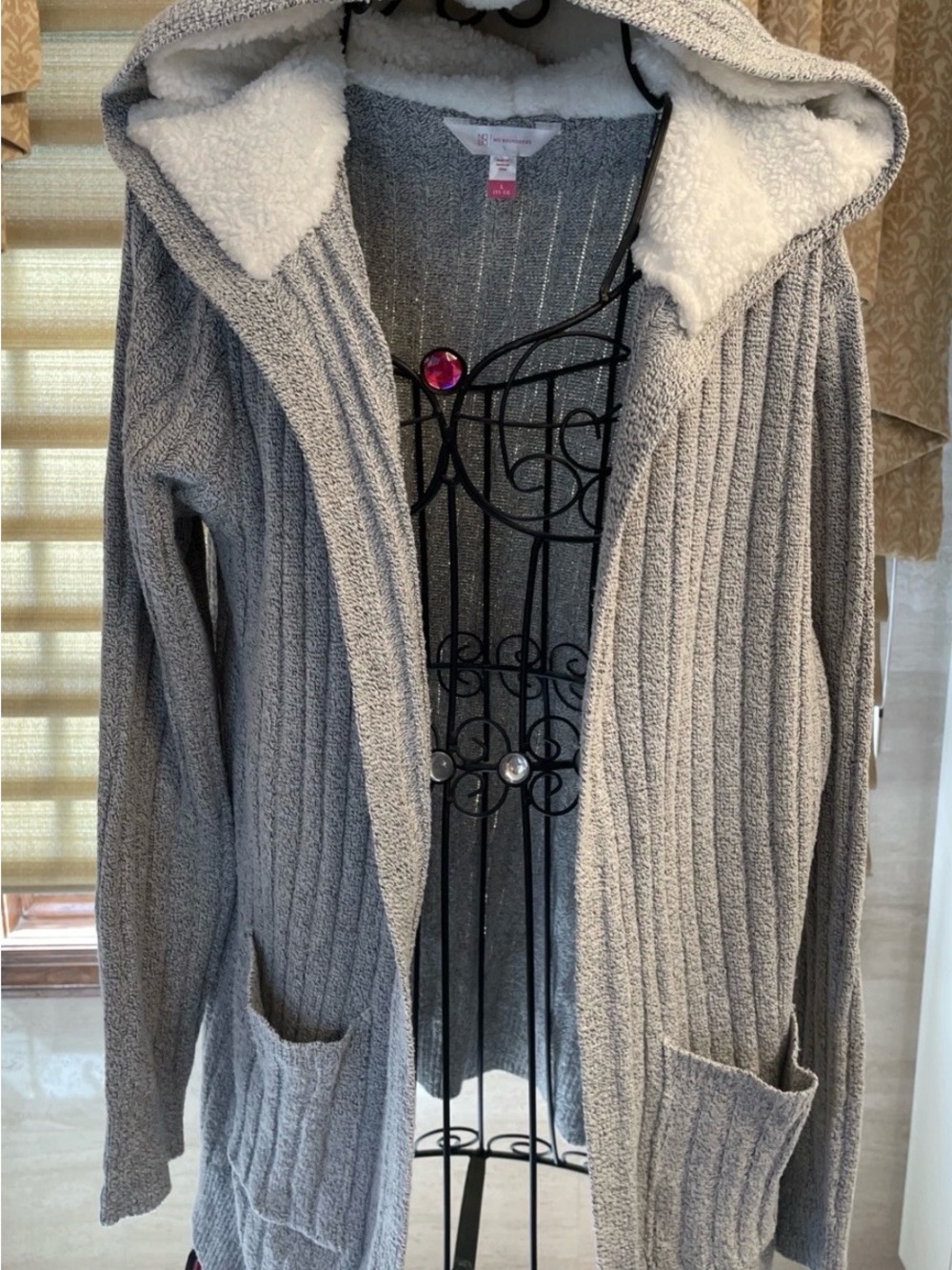 Women's No Boundaries Gray Open  front Hooded Ribbed Cardigan Sweater Size Large